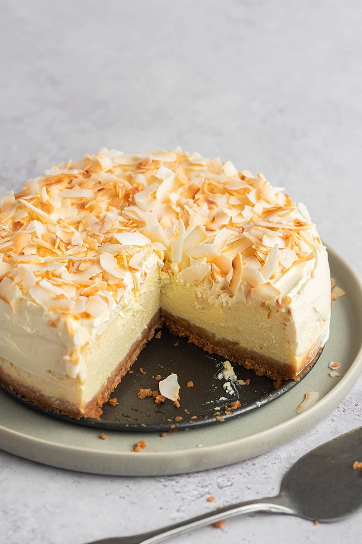 sliced coconut cheesecake.