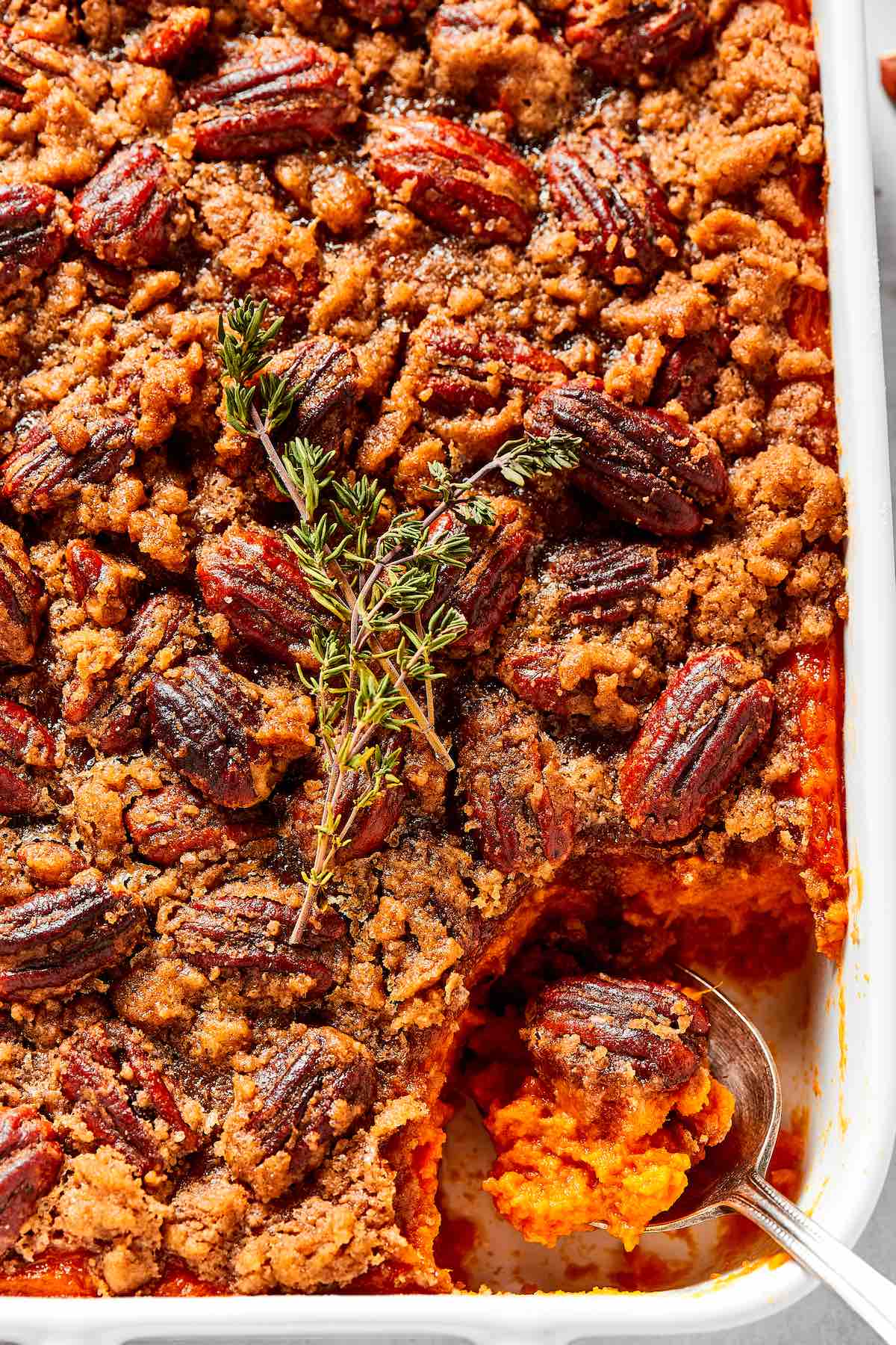 homemade healthy sweet potato casserole in baking dish.