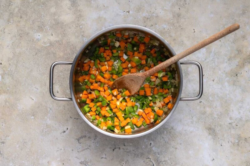 vegetables simmering in a pot.