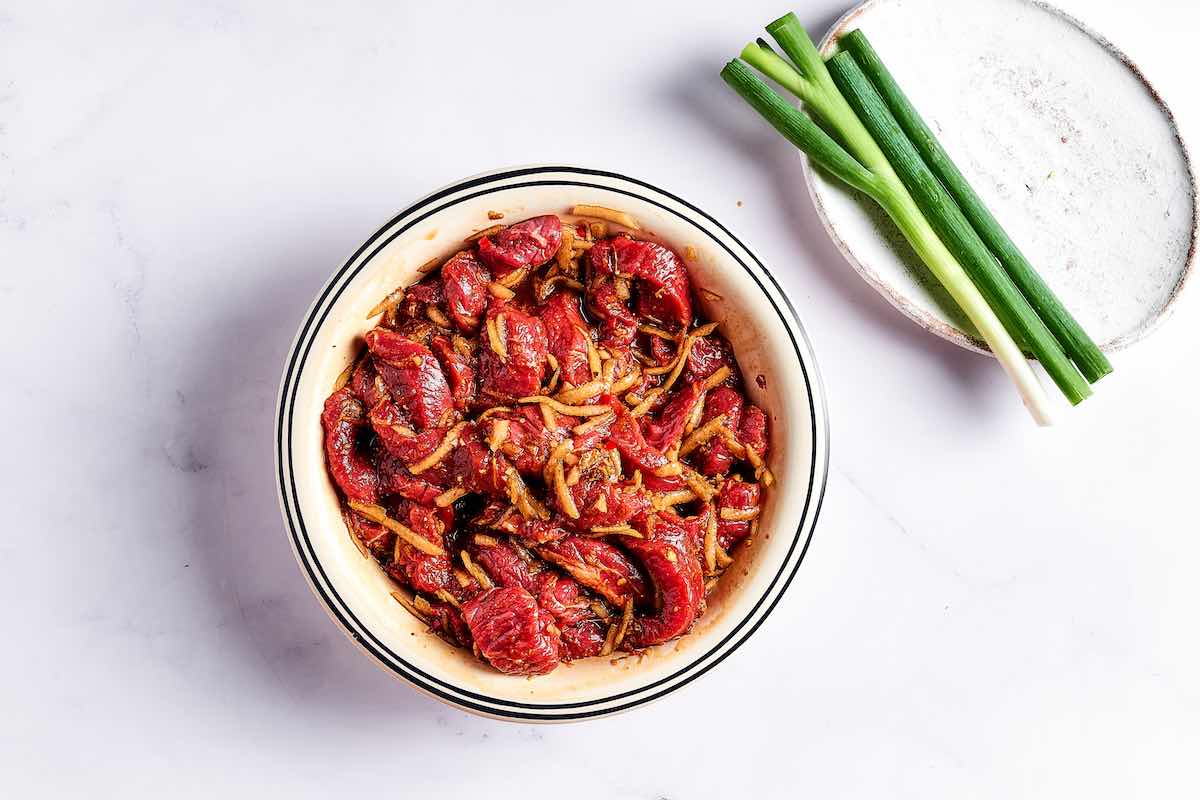 beef strips marinating in bulgogi sauce.