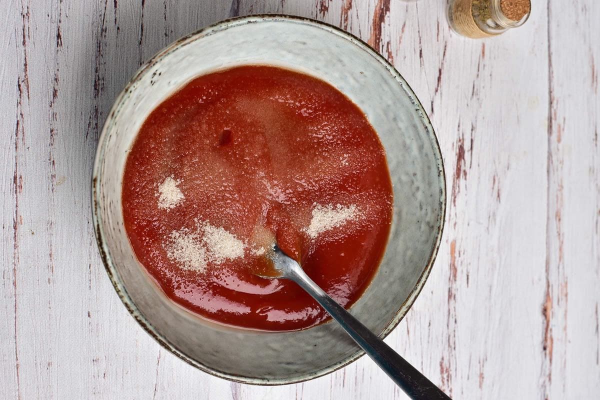 ketchup, brown sugar, and vinegar in a bowl.