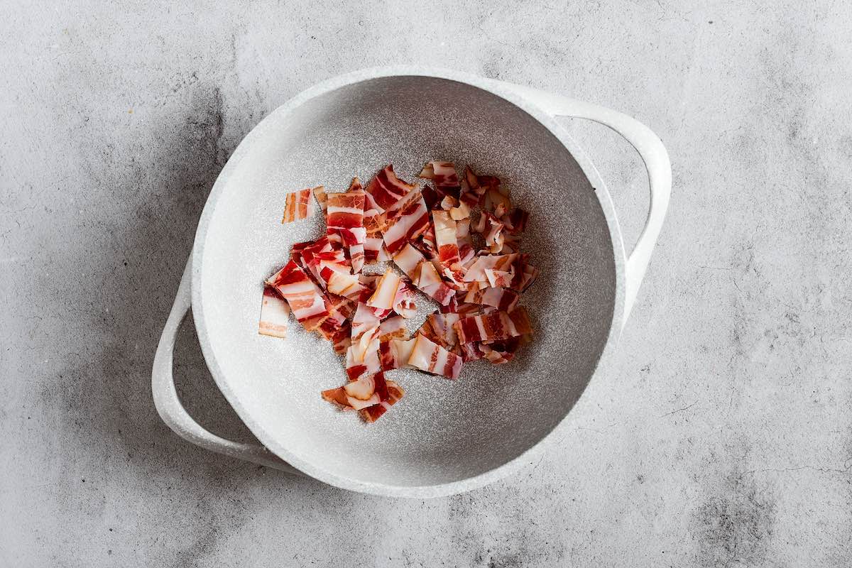 chopped bacon in a skillet.