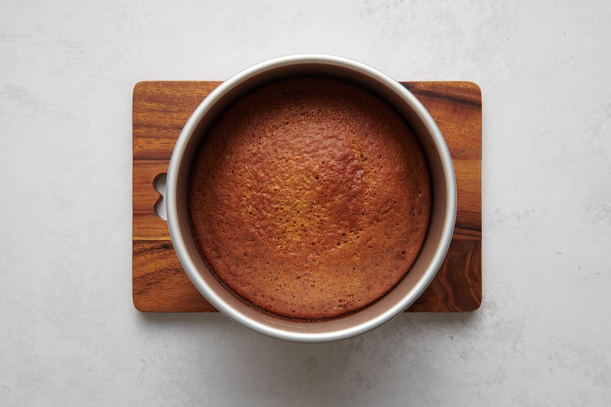 baked cake in baking pan.