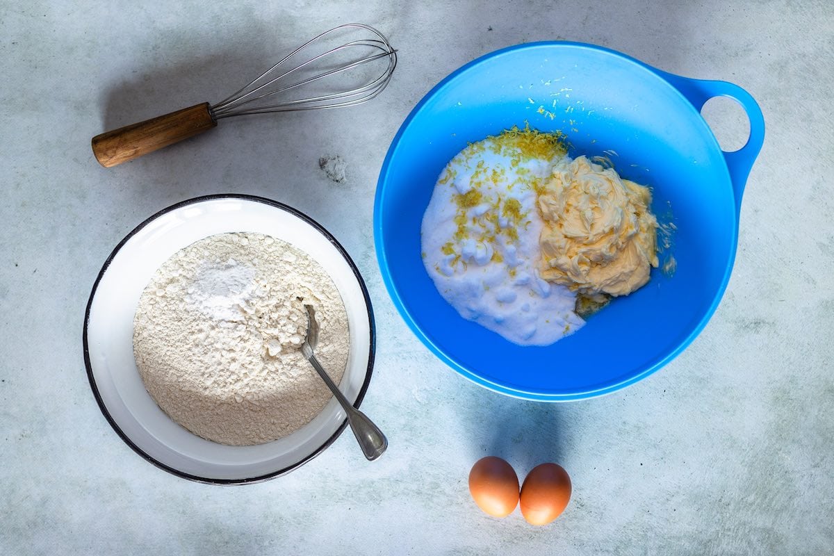 flour, baking agents, and salt in a bowl.