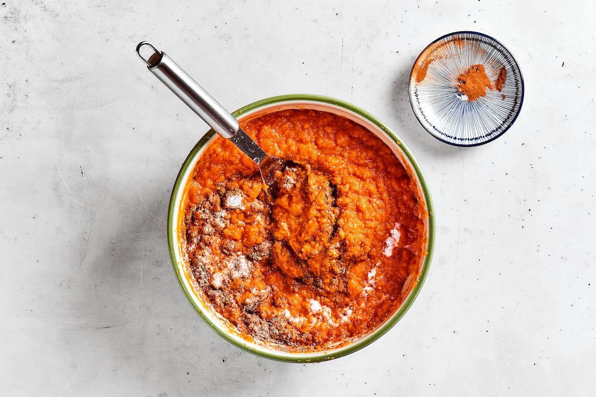 sweet potato filling mixture in a bowl.