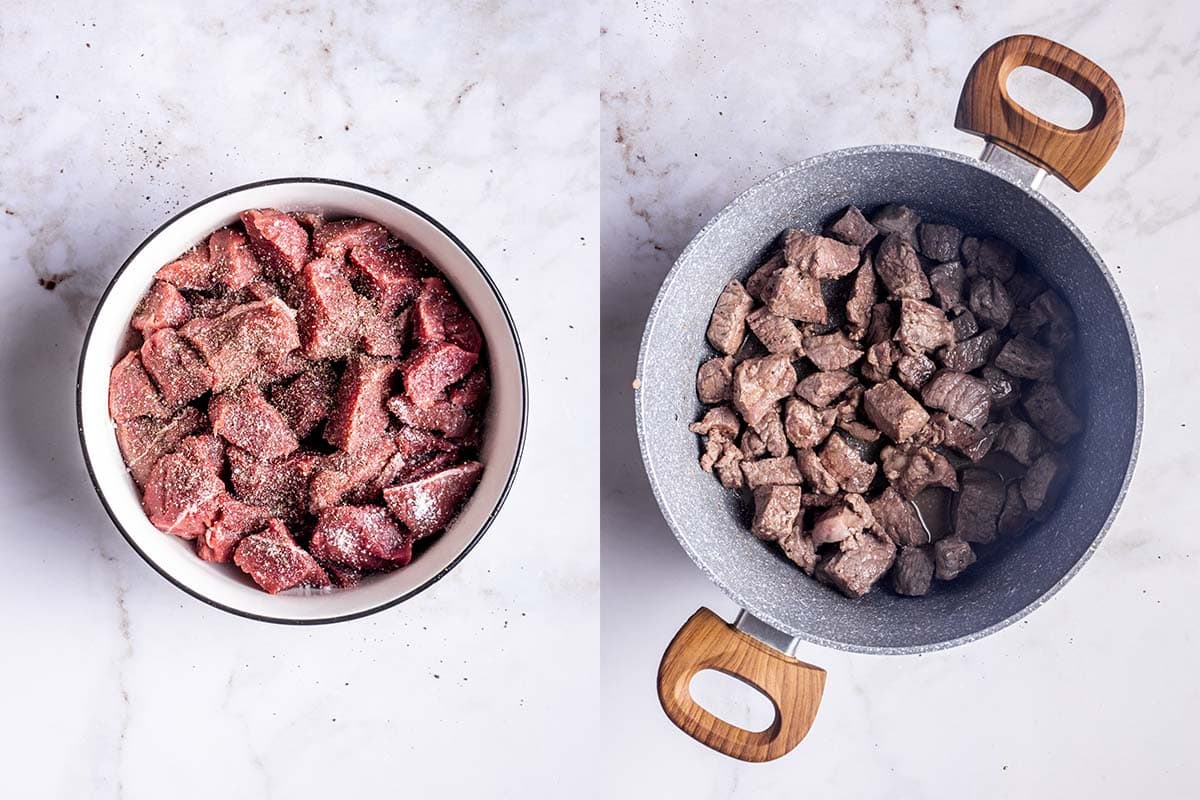 raw beef chuck simmered in a pot.