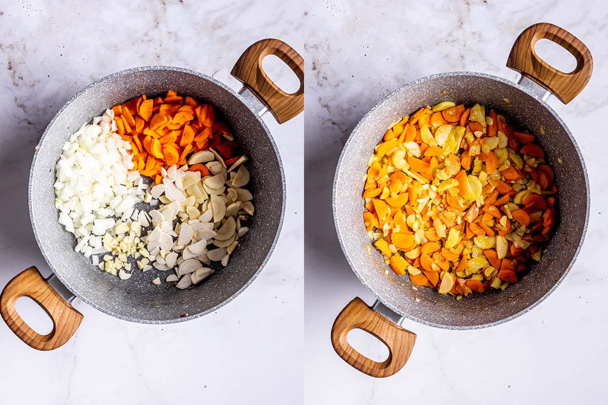 sauteing vegetables in a pot.