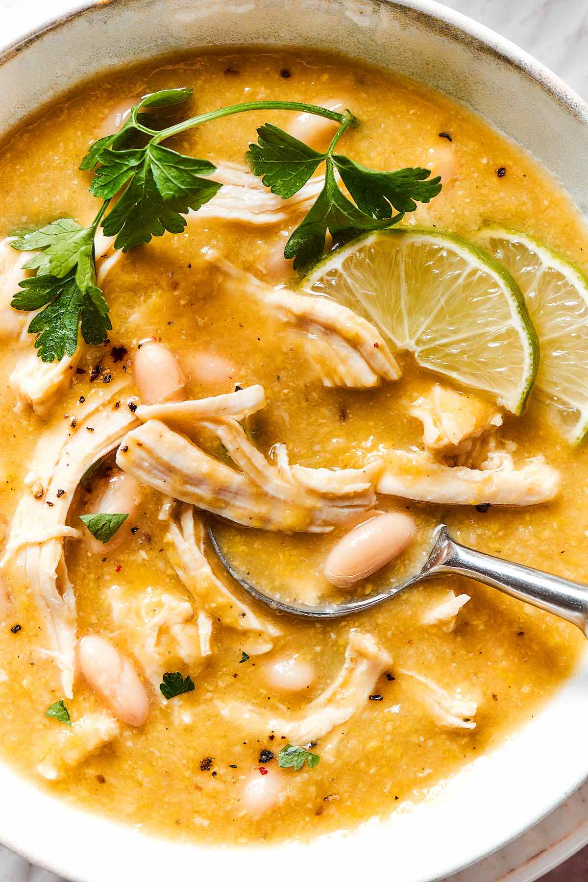 bowl of Instant Pot white chicken chili.