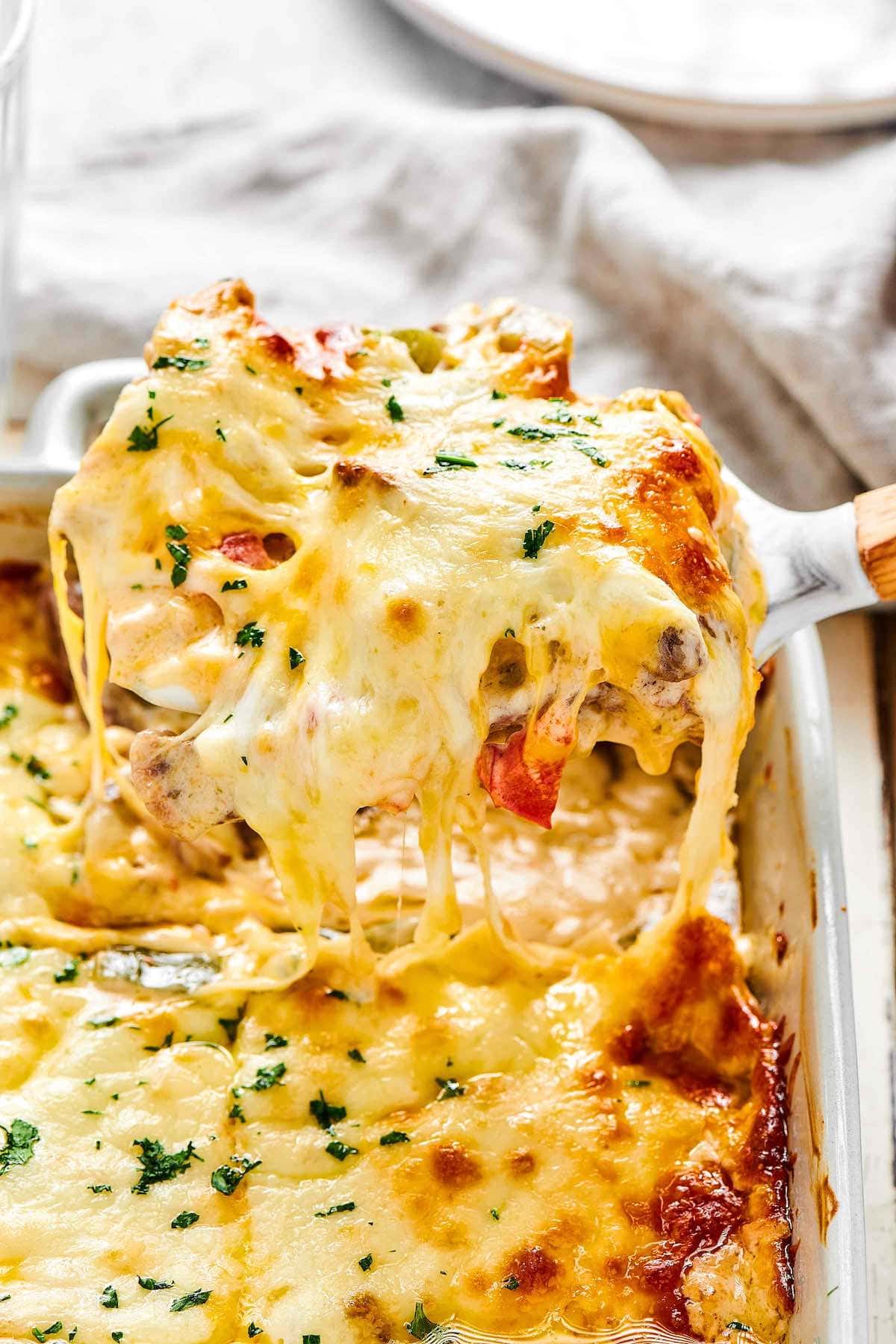 cheesesteak casserole in baking dish.