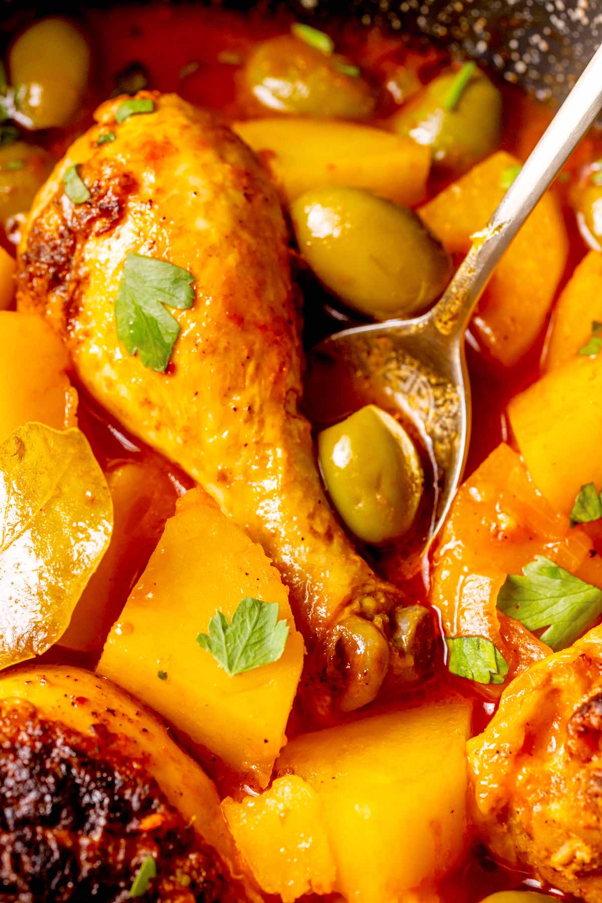 homemade pollo guisado in a large pot.