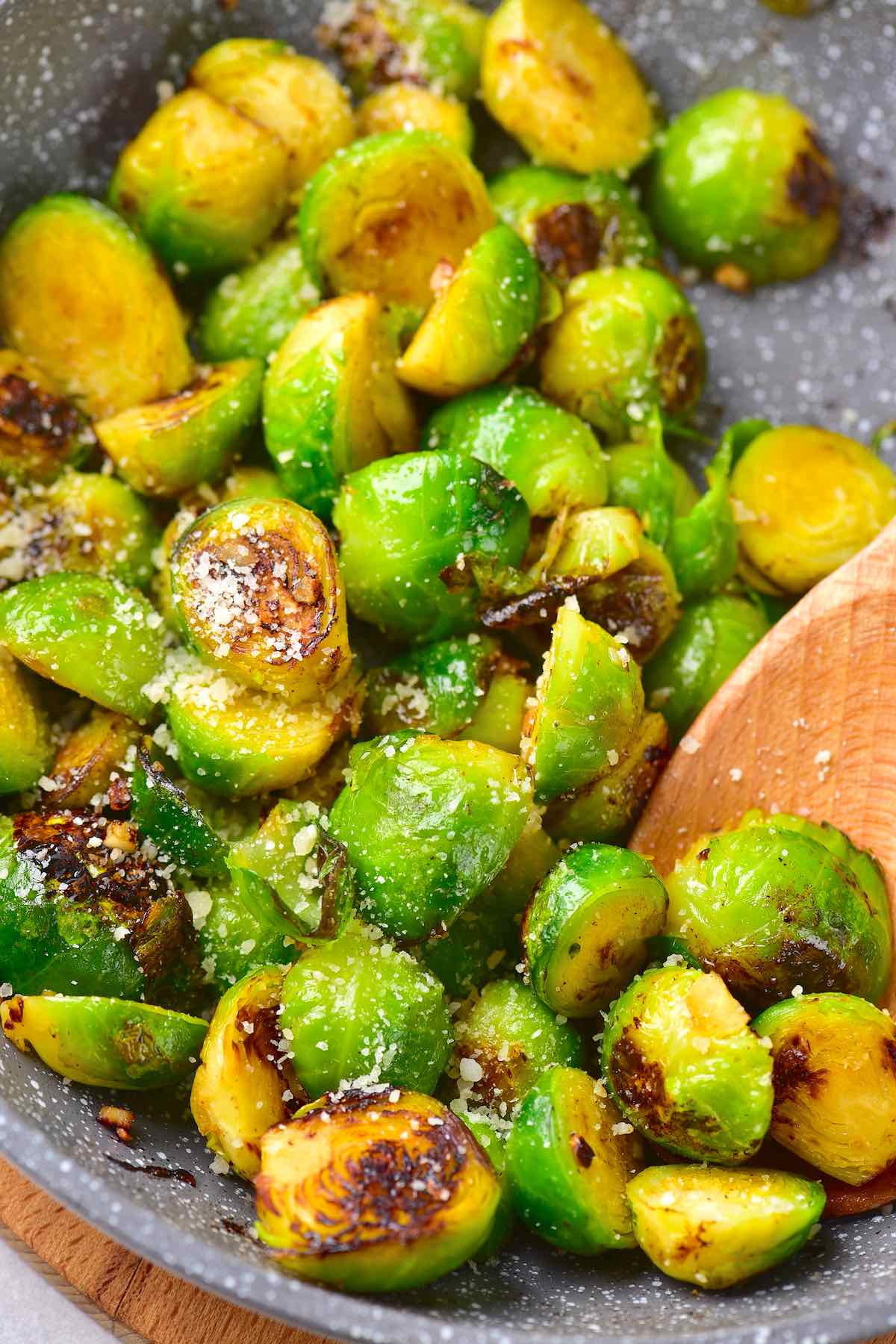 easy sauteed brussels sprouts in a skillet.