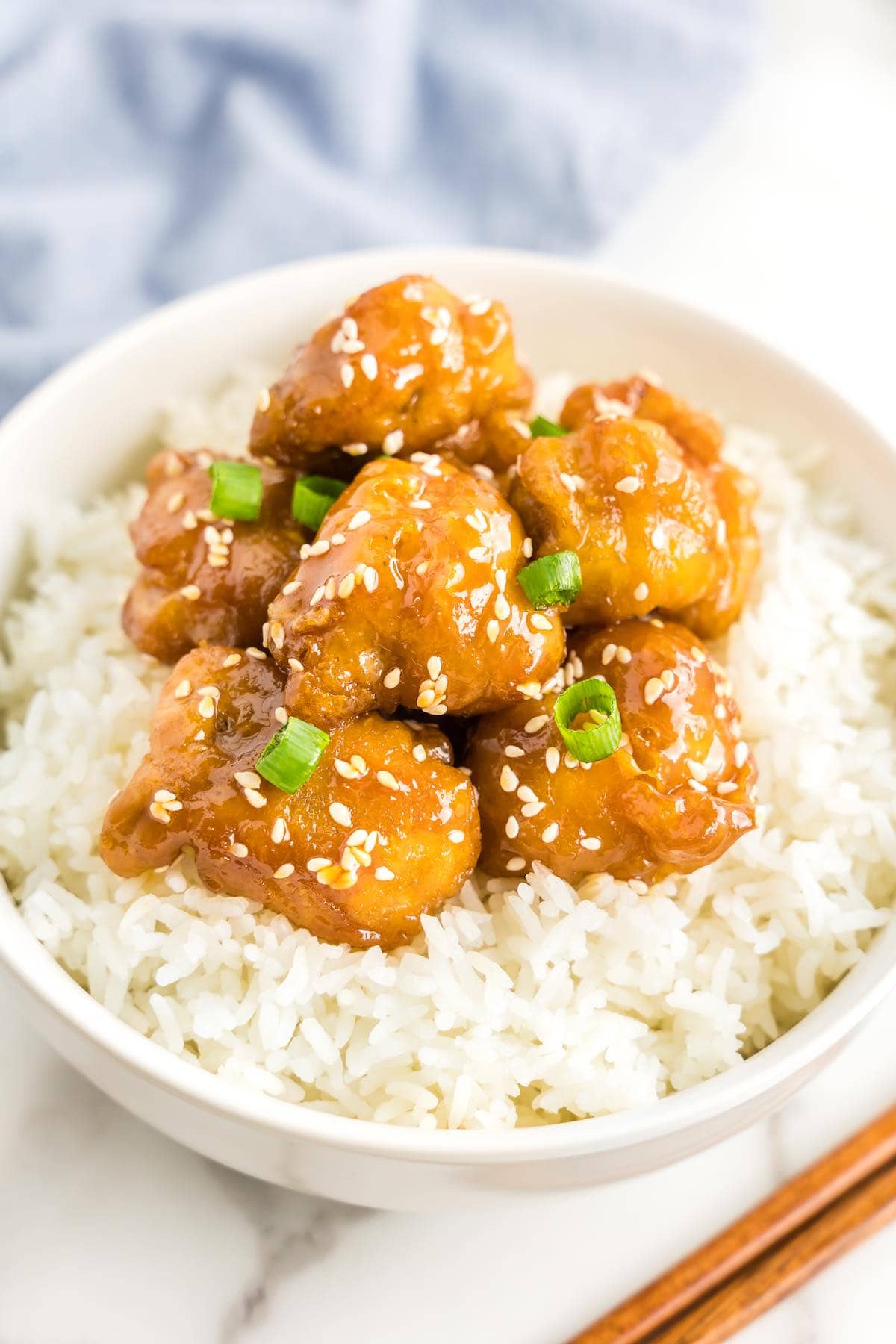 sesame chicken over rice.