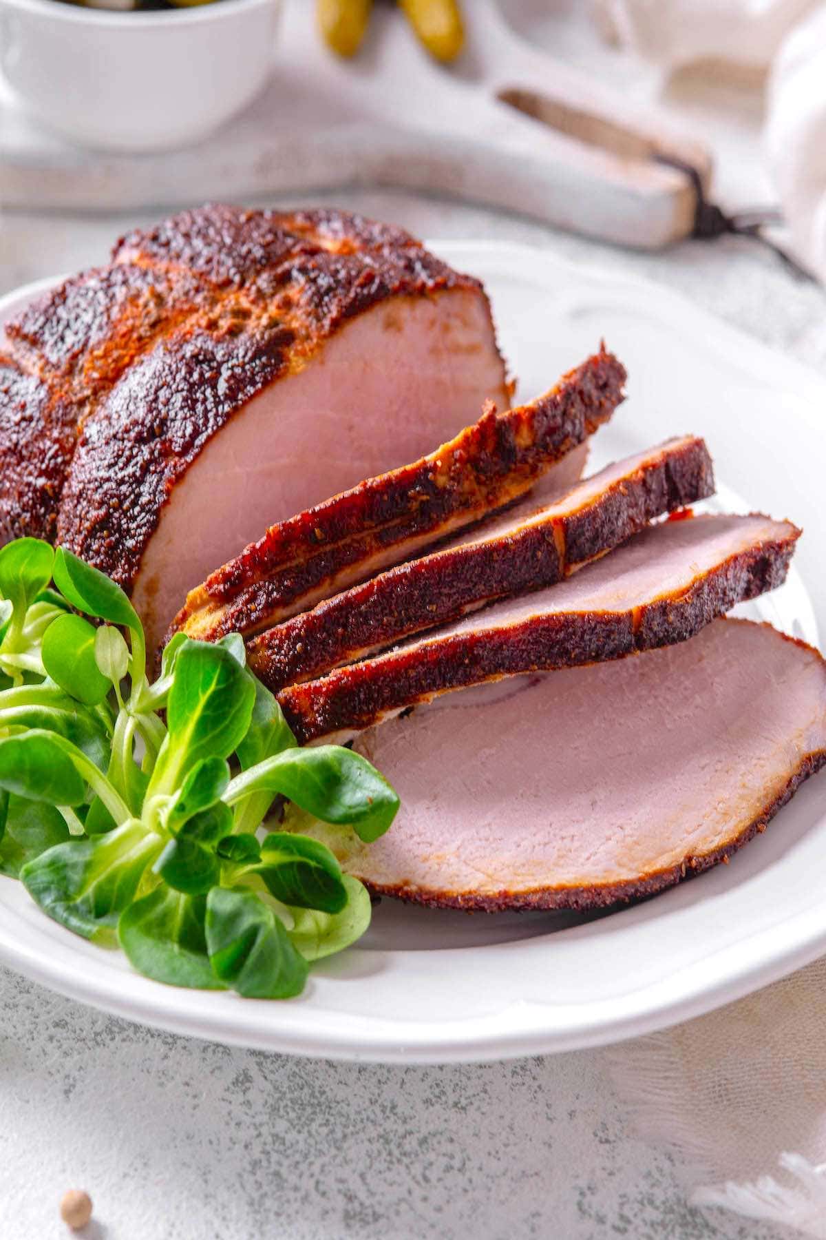 sliced smoked pork roast.