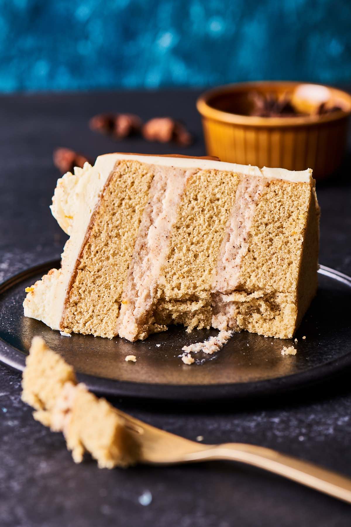 slice of spice cake with frosting.