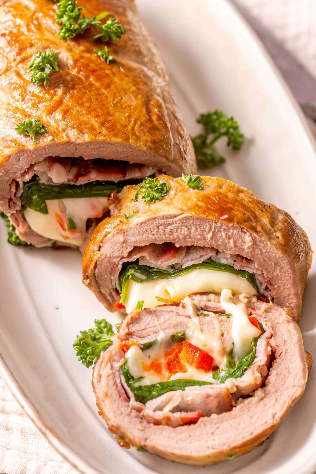 sliced stuffed pork loin.