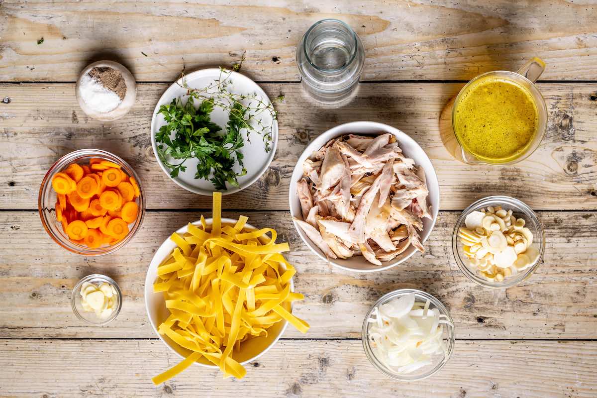 ingredients for turkey noodle soup.