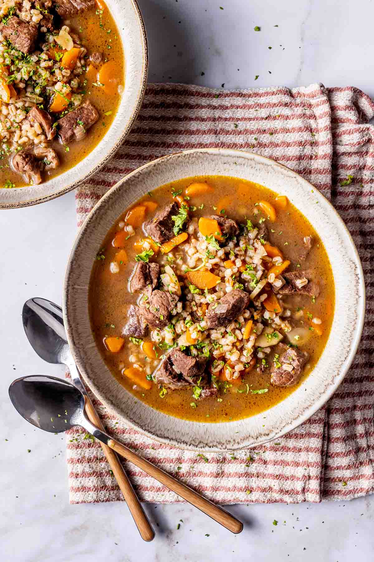 beef barley soup with vegetables.