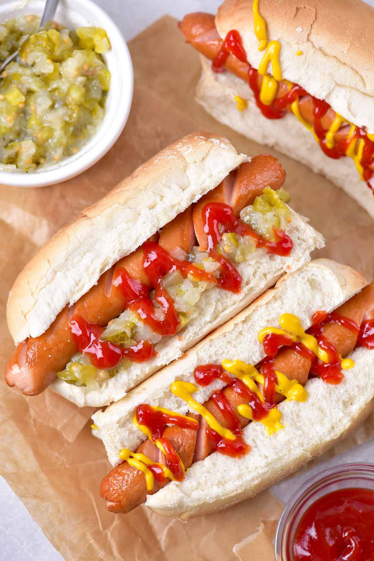 air fryer hot dogs with mustard and relish.