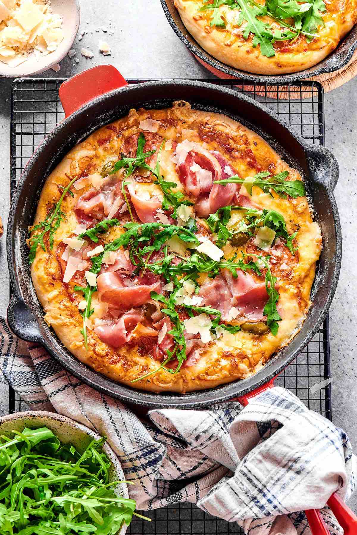 homemade cast iron pizza.