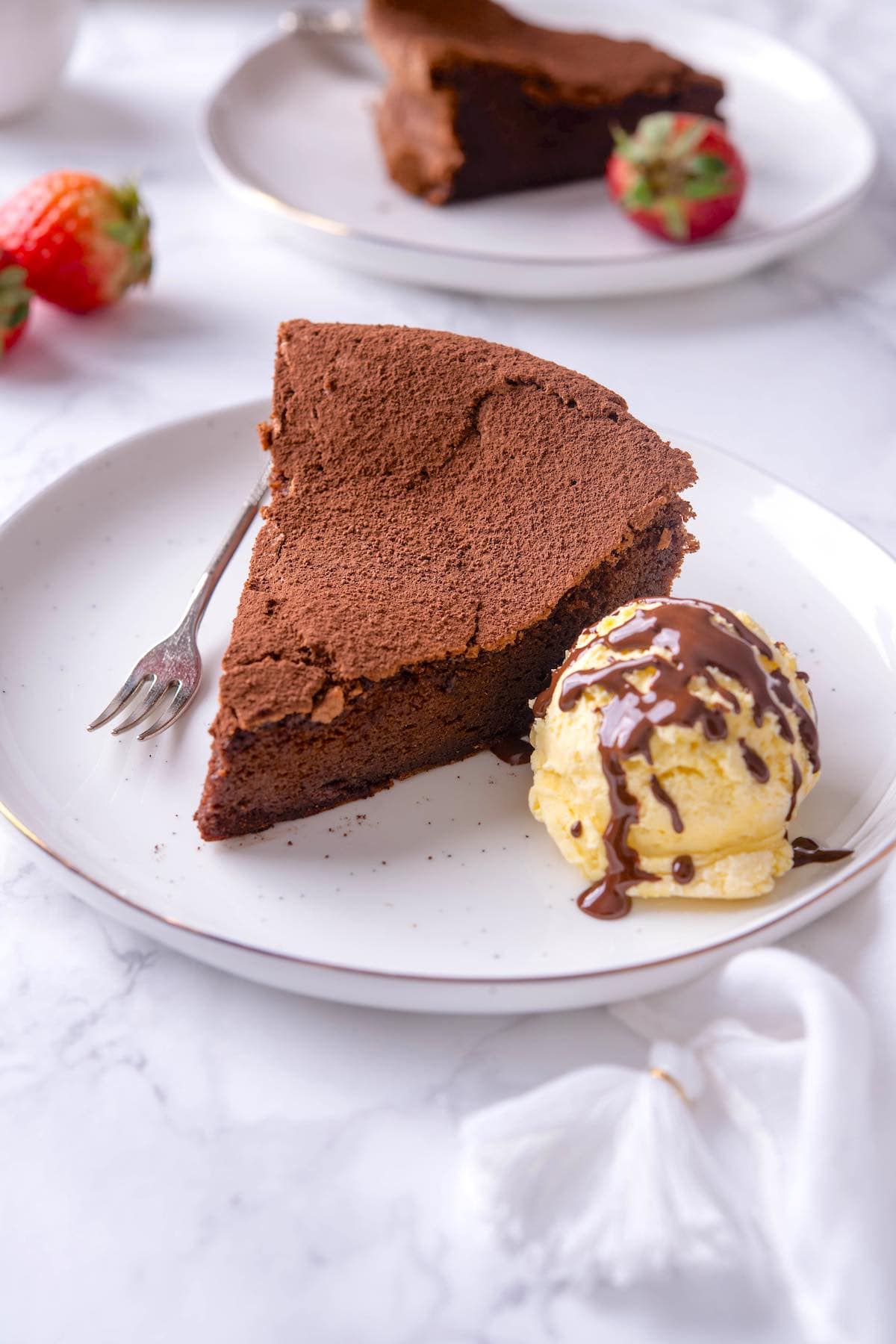 slice of flourless chocolate cake.