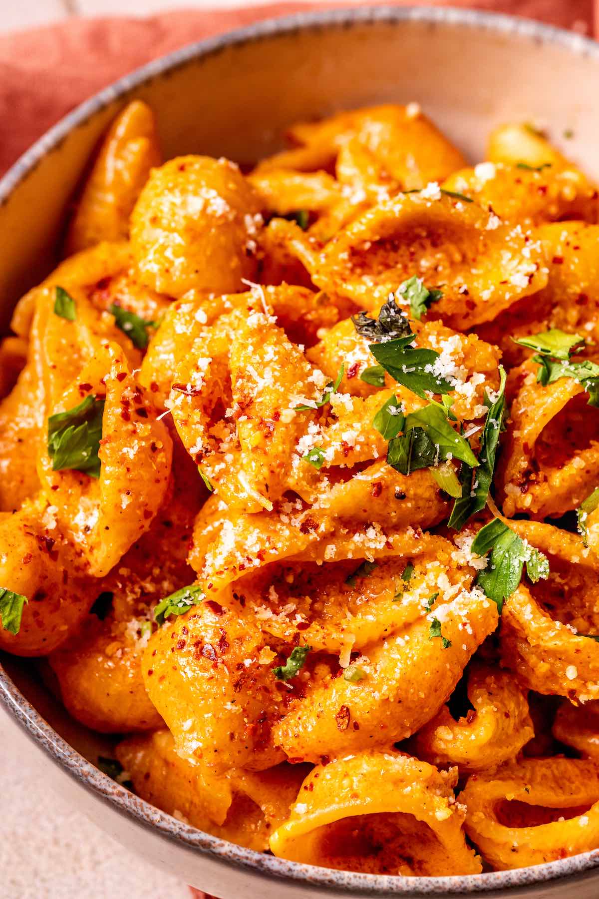 homemade Gigi Hadid pasta with fresh parmesan on top.