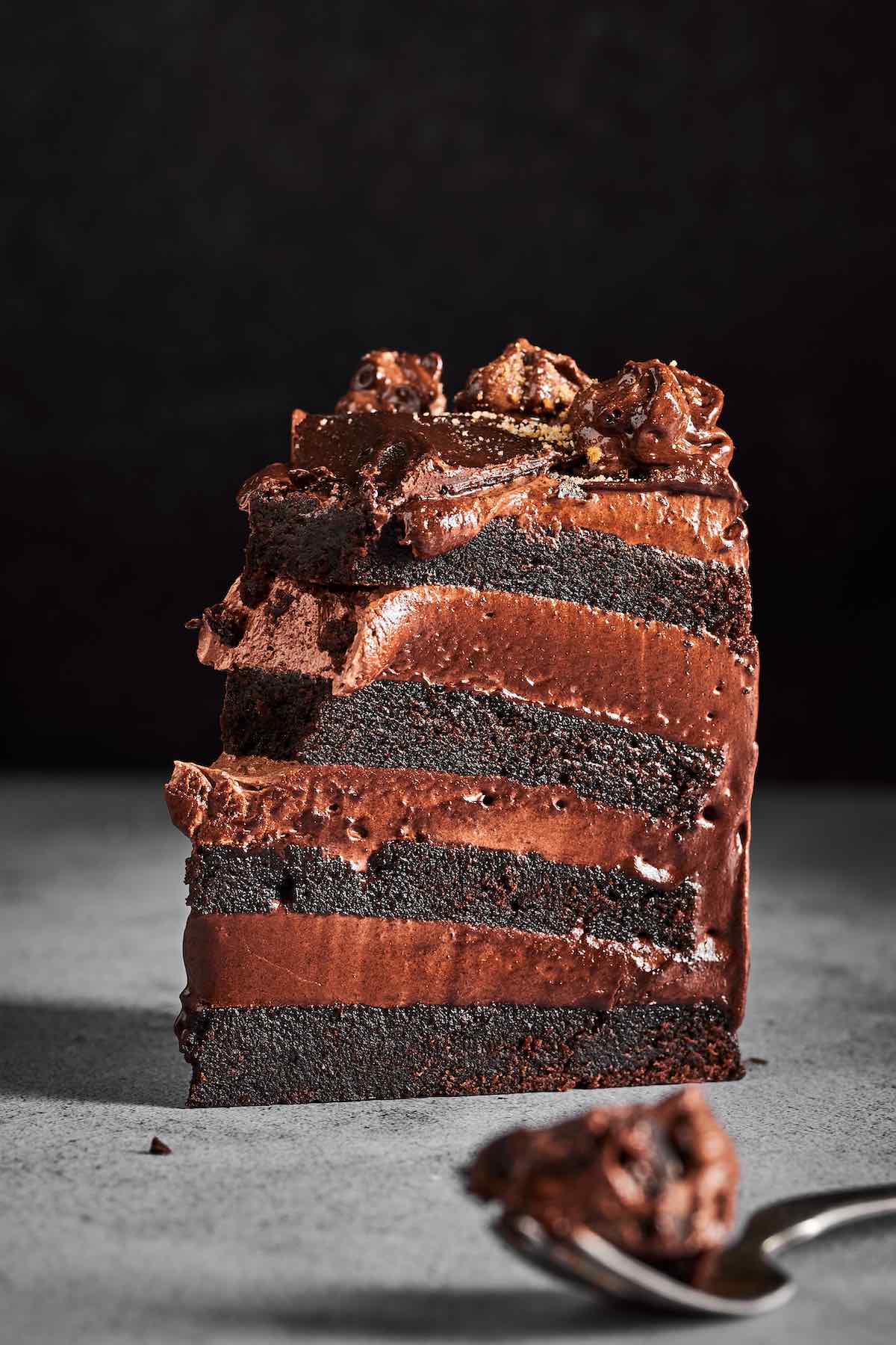 healthy frosting layered in between chocolate cake.