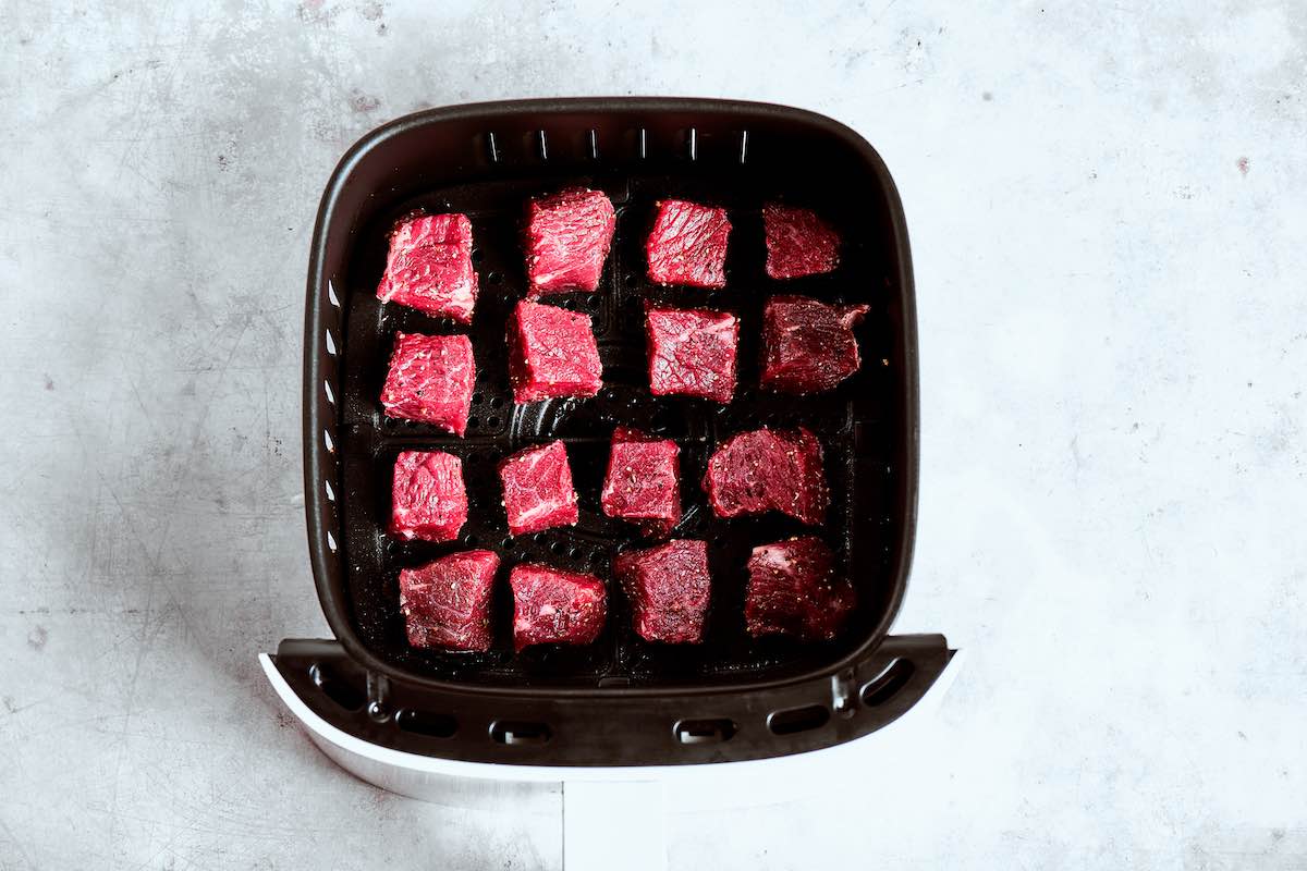 raw steak bites in the air fryer.