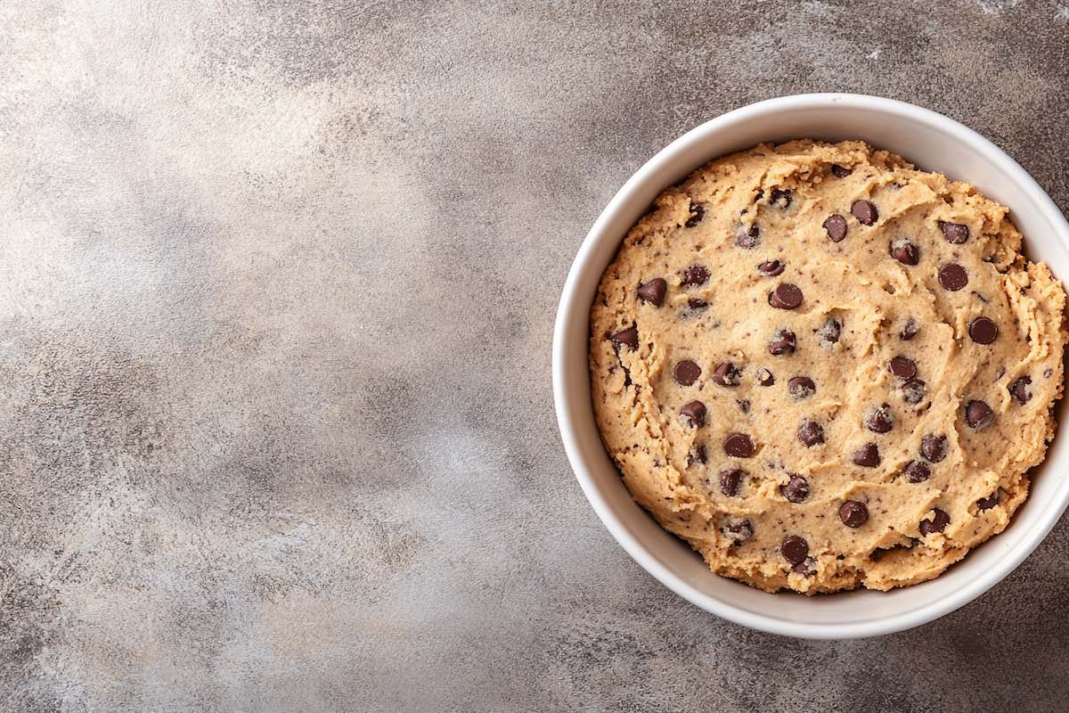 raw almond flour cookie dough in a bowl.