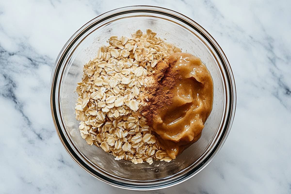 oats, peanut butter, applesauce, and cinnamon in a bowl.