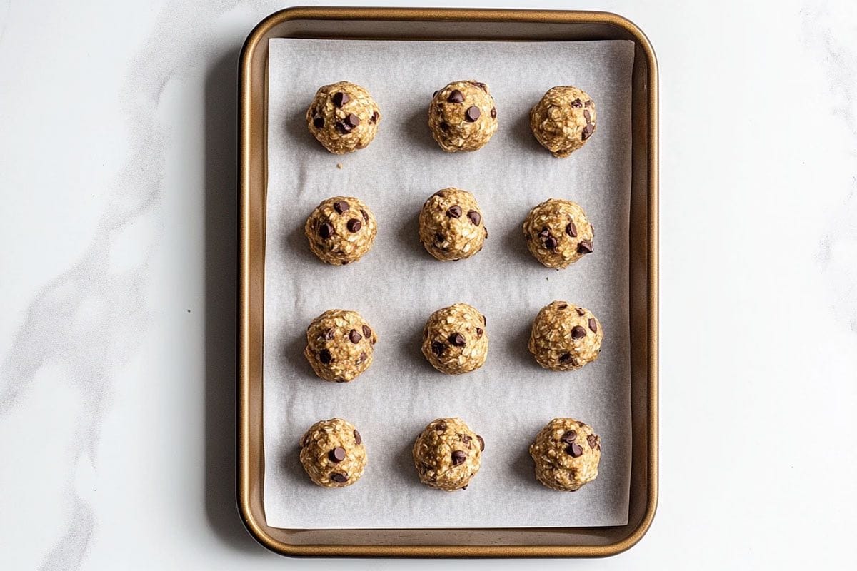 shaped unbaked banana bread cookies on a baking sheet.