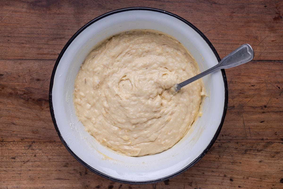 muffin batter in a bowl.