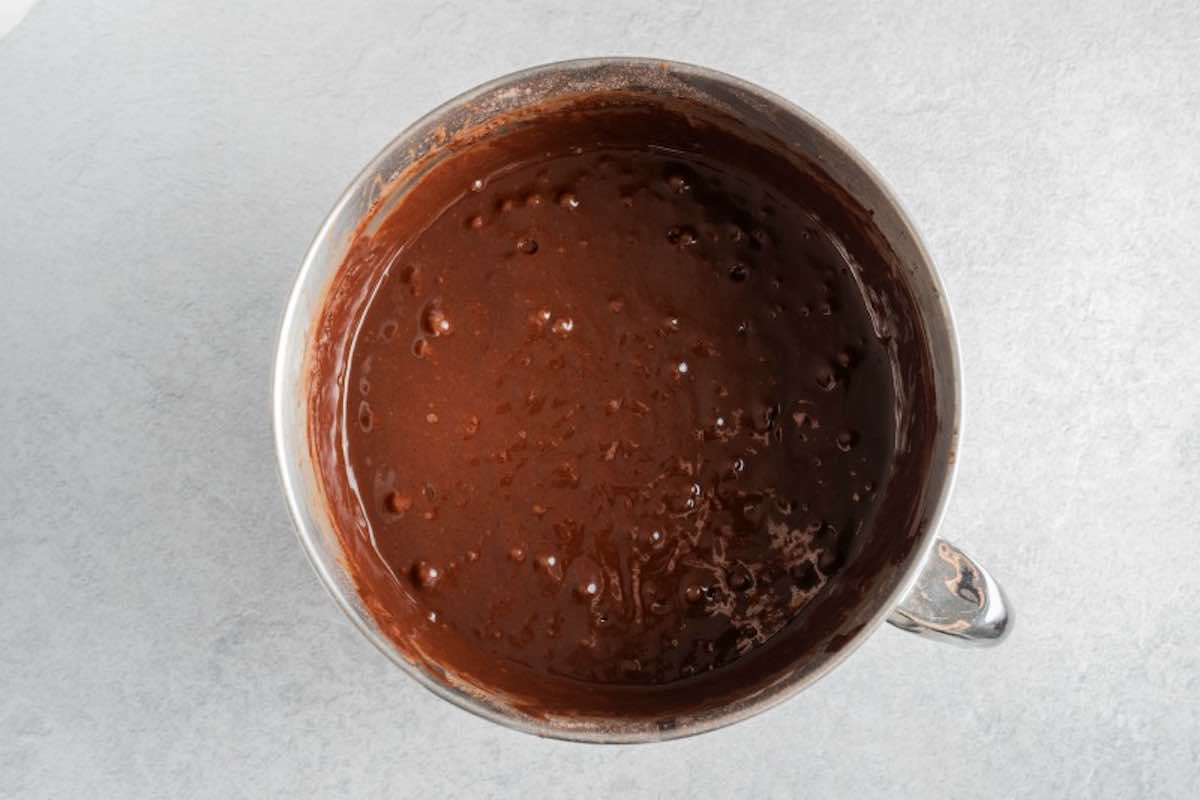 cake batter in mixing bowl.