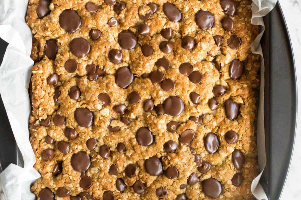 oat bars mixture in a baking dish.