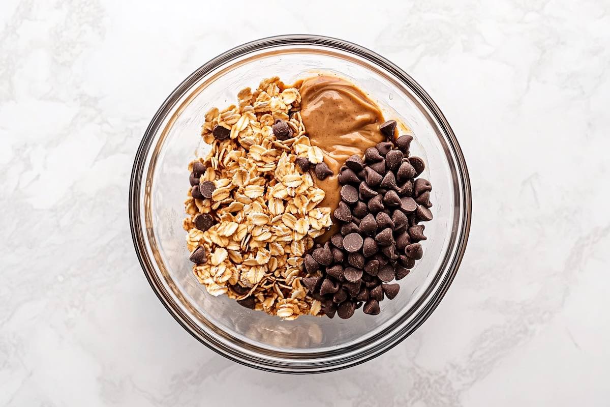 oats, peanut butter, maple syrup, and chocolate chips in a bowl.