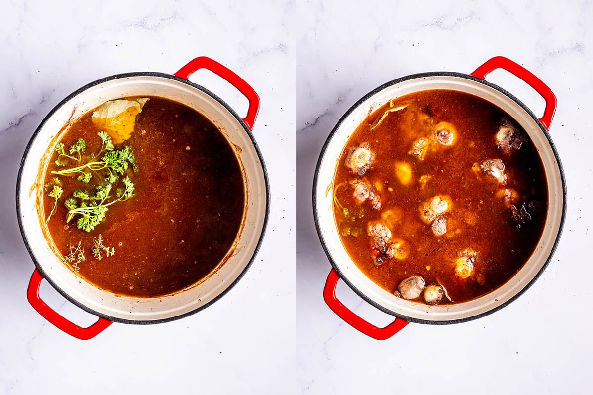 broth and oxtails in a Dutch oven.