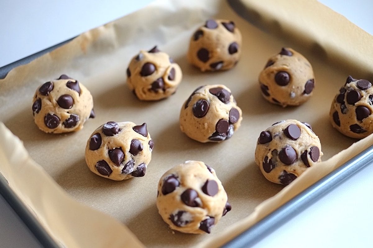 shaped balls of cookie dough with chocolate chips.