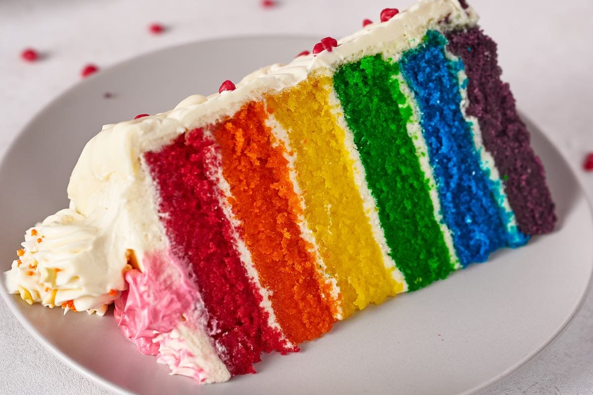 slice of rainbow cake.