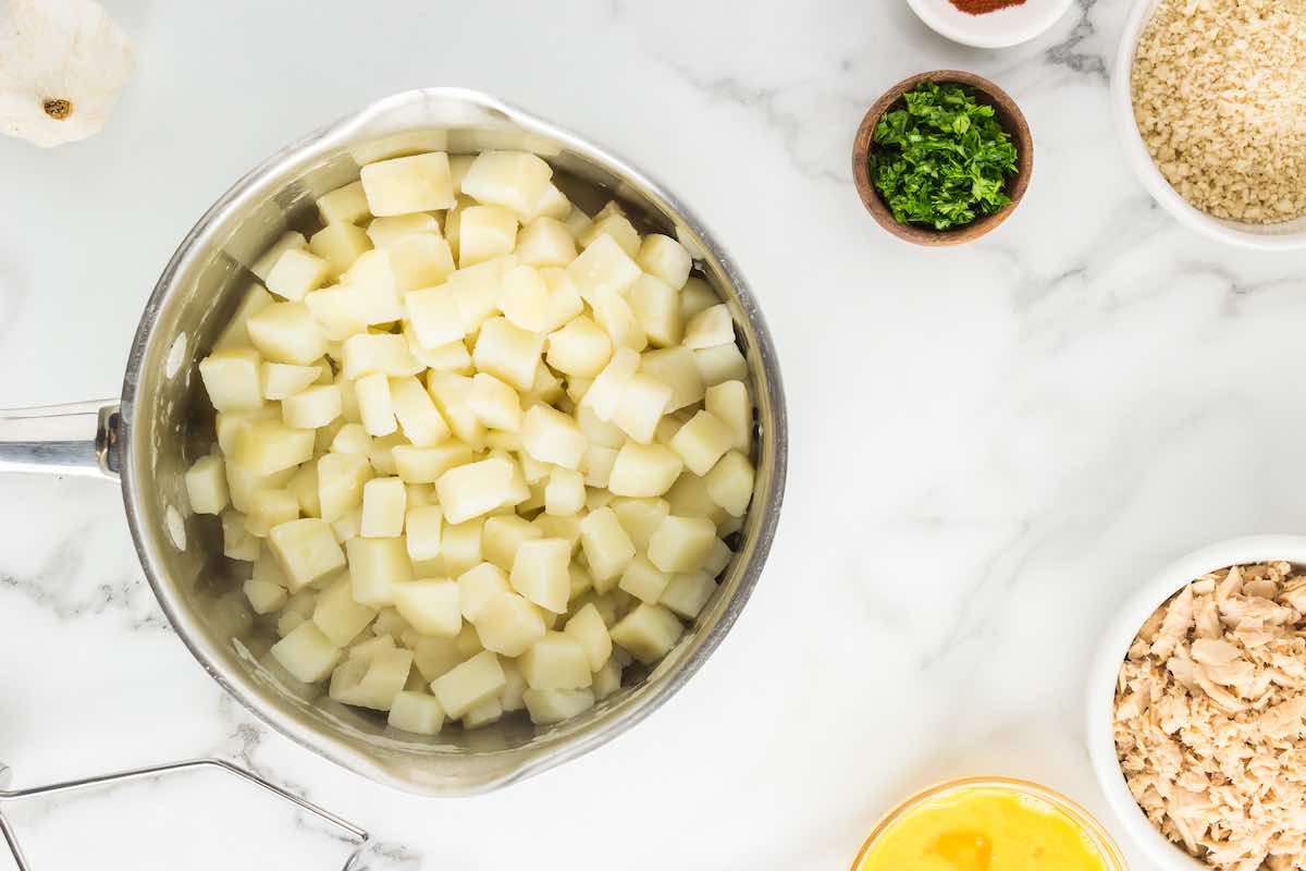 cooked potatoes in a pot.