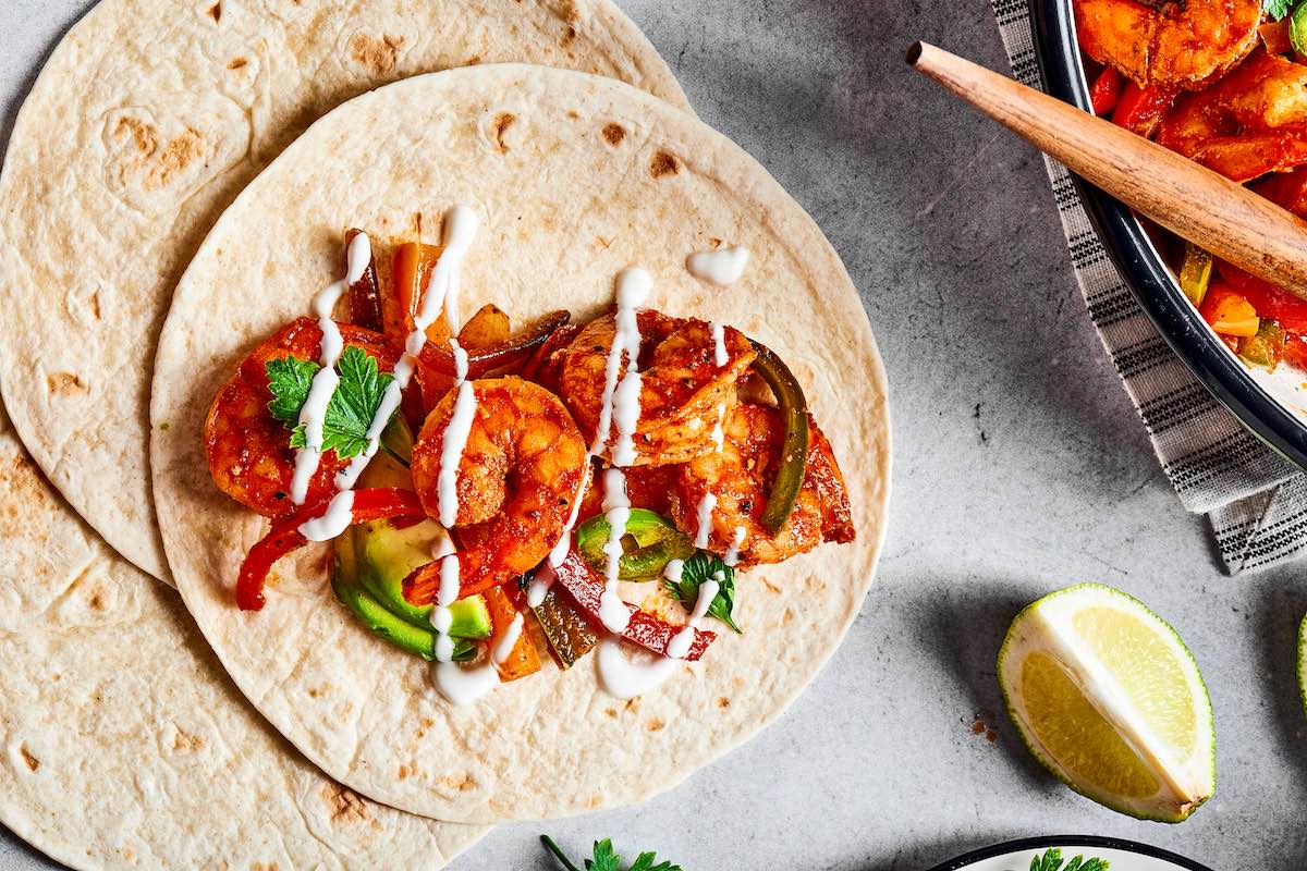 assembled shrimp fajitas.