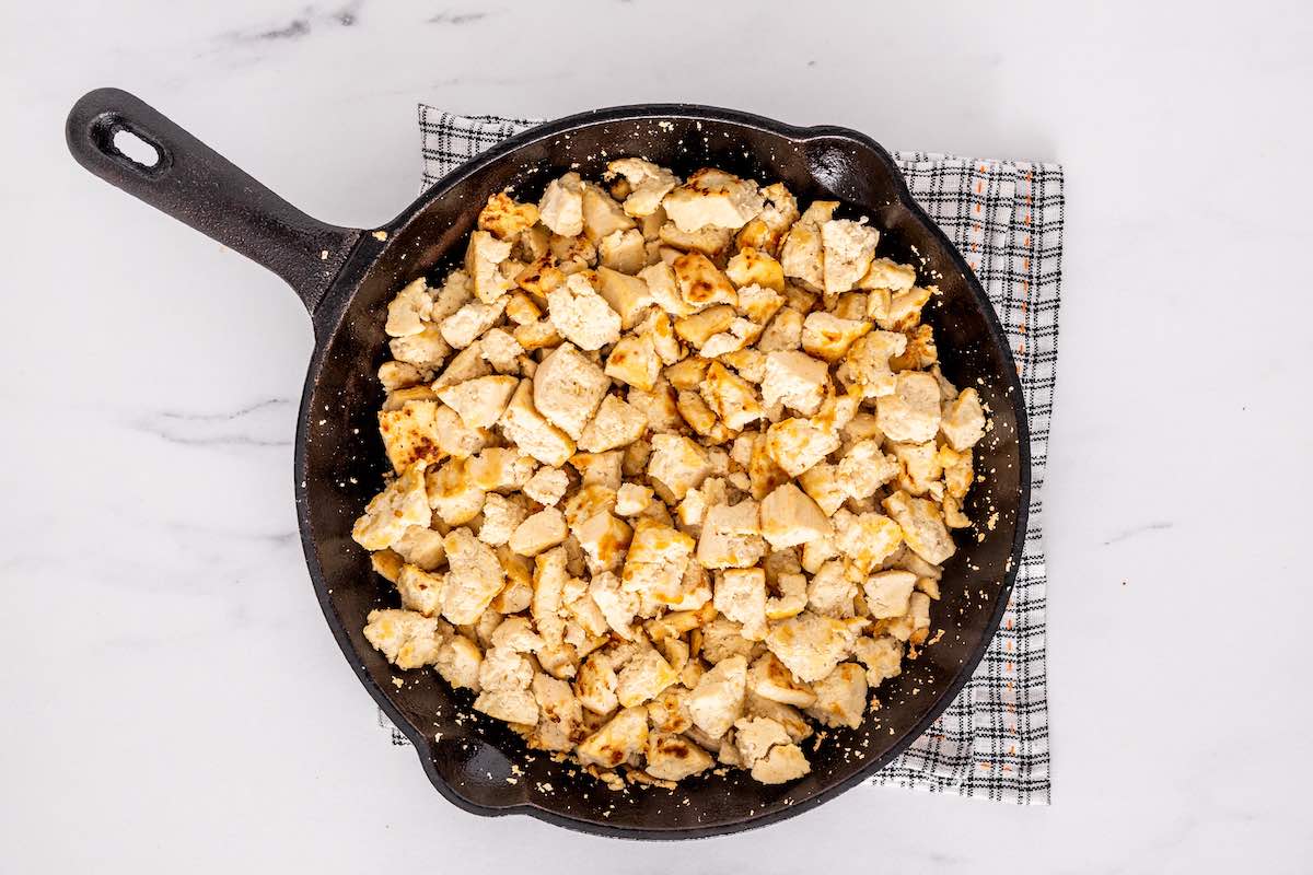 crumbled tofu in a skillet.