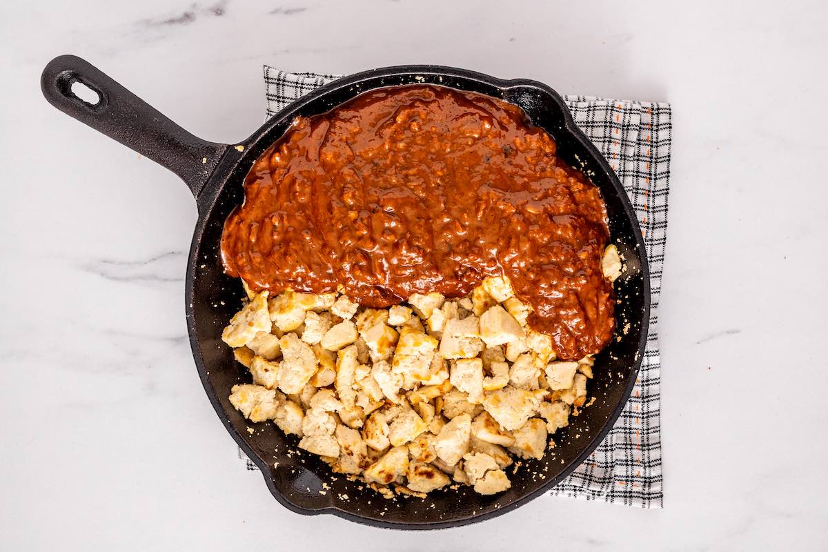 crumbled tofu with homemade sauce in a skillet.