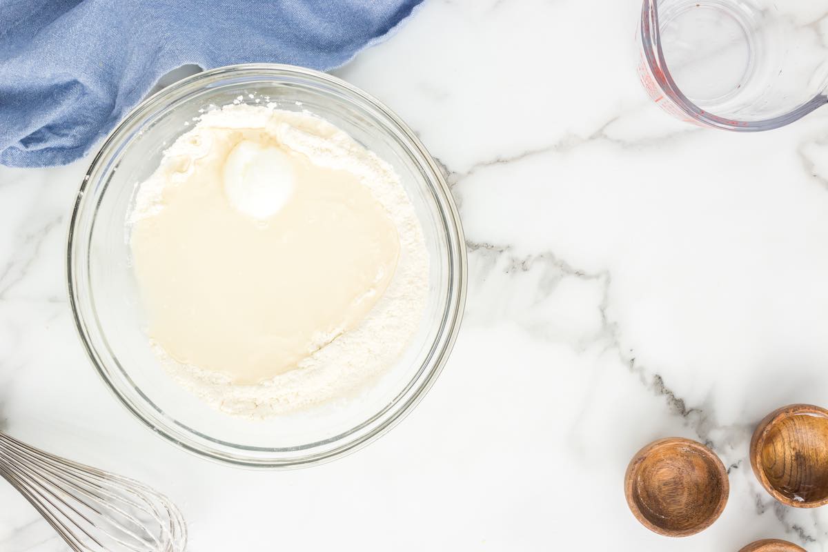 dry ingredients in a mixing bowl.