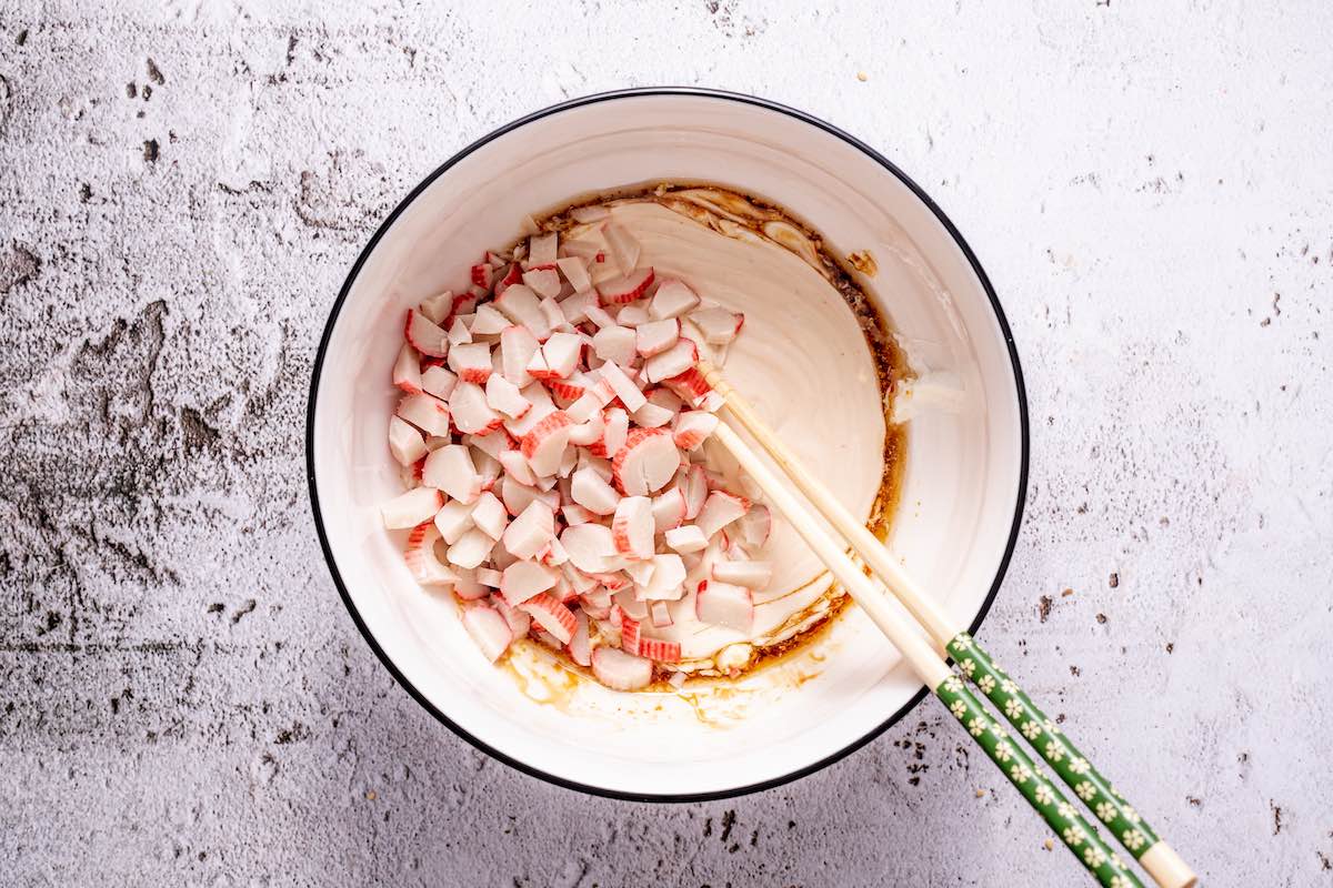 crab and mayonnaise mixture in a bowl.