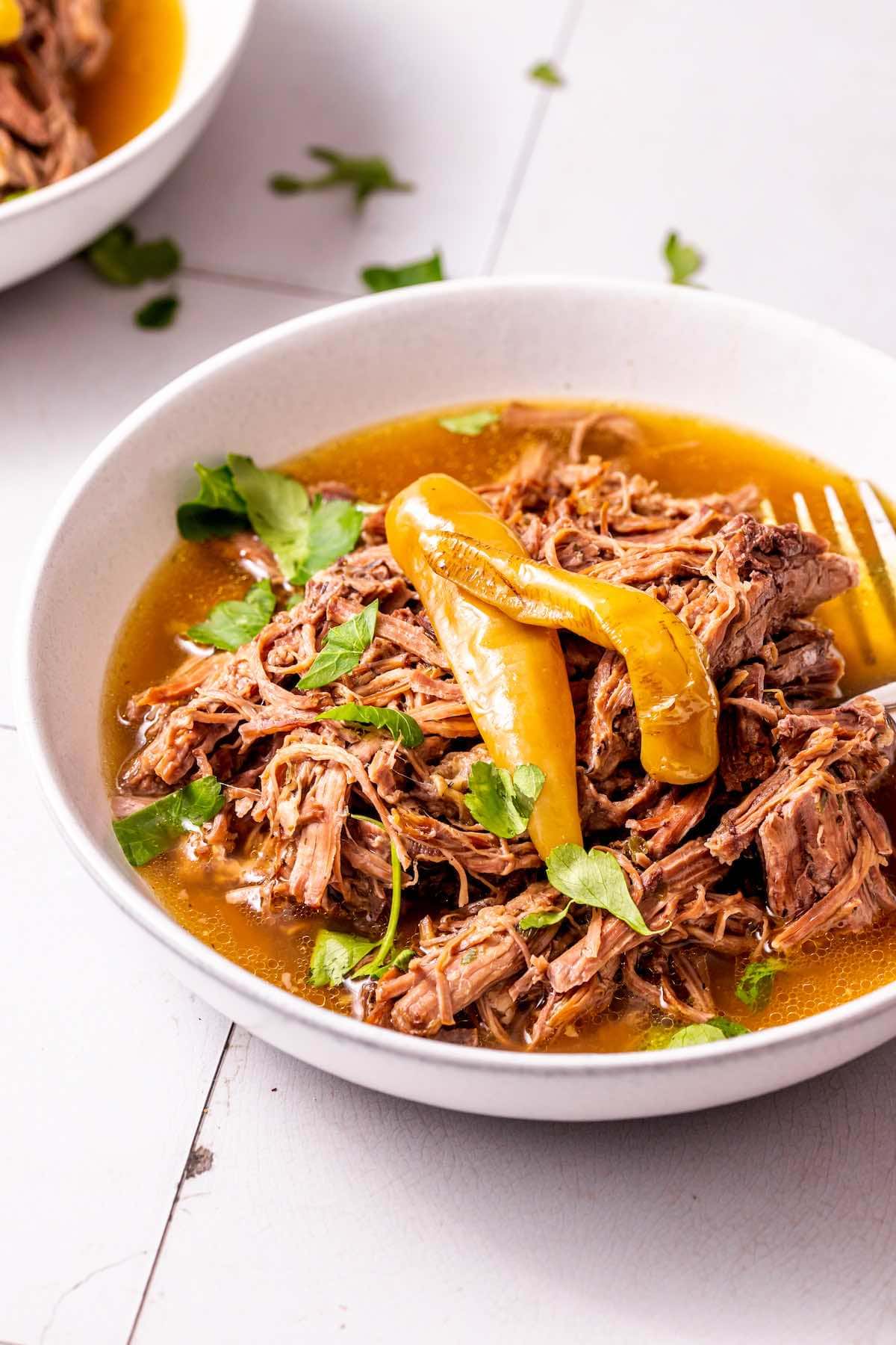 Mississippi pot roast in a bowl.