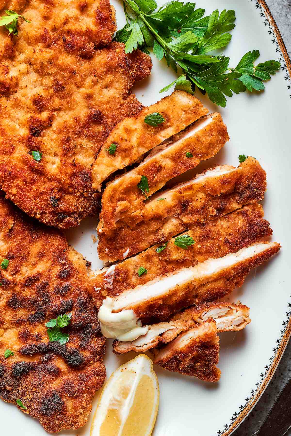 sliced parmesan crusted chicken.