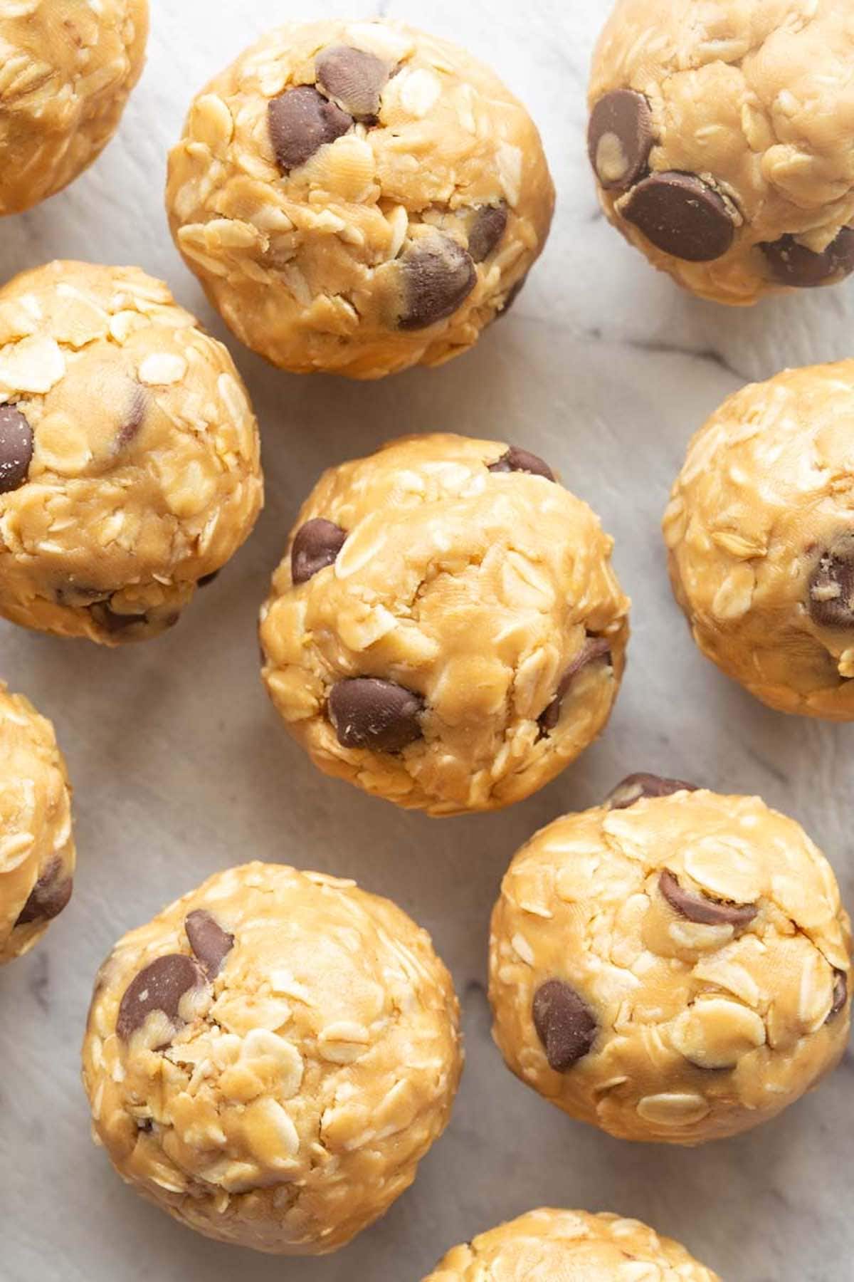 peanut butter protein balls with chocolate chips.