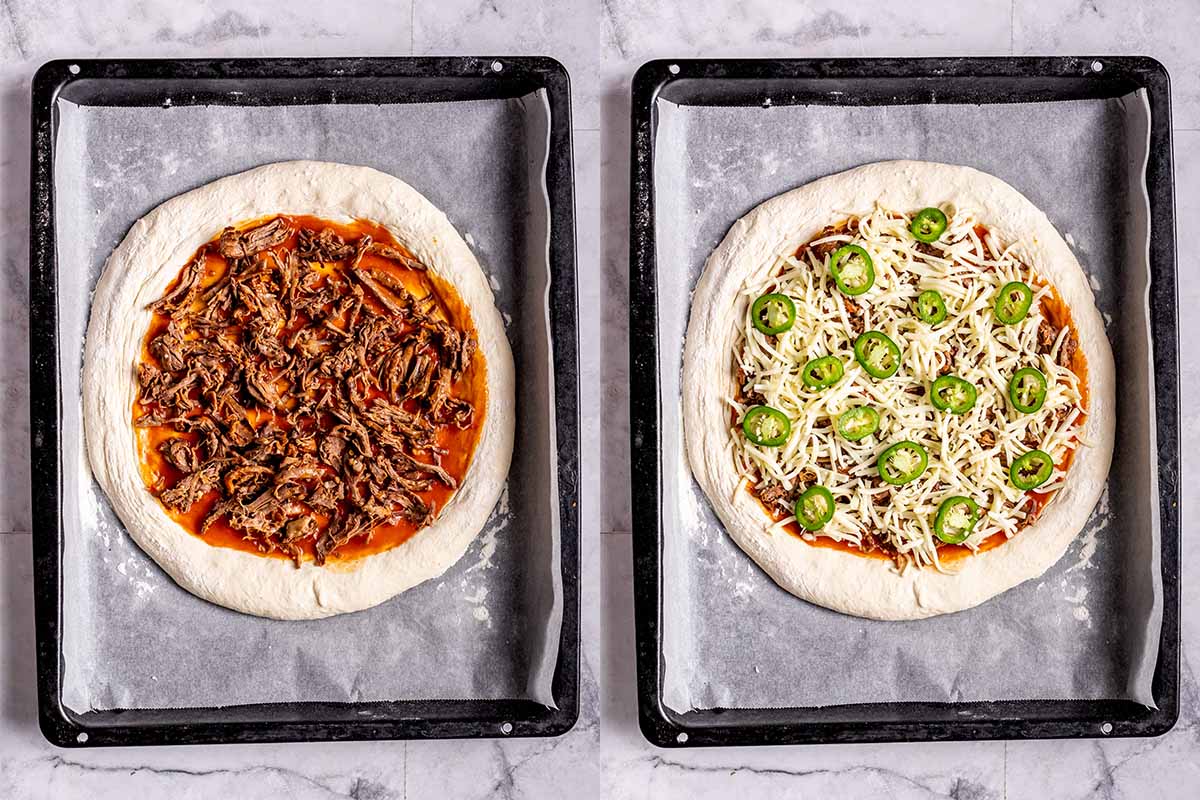 assembled pizzas with toppings on baking sheet.