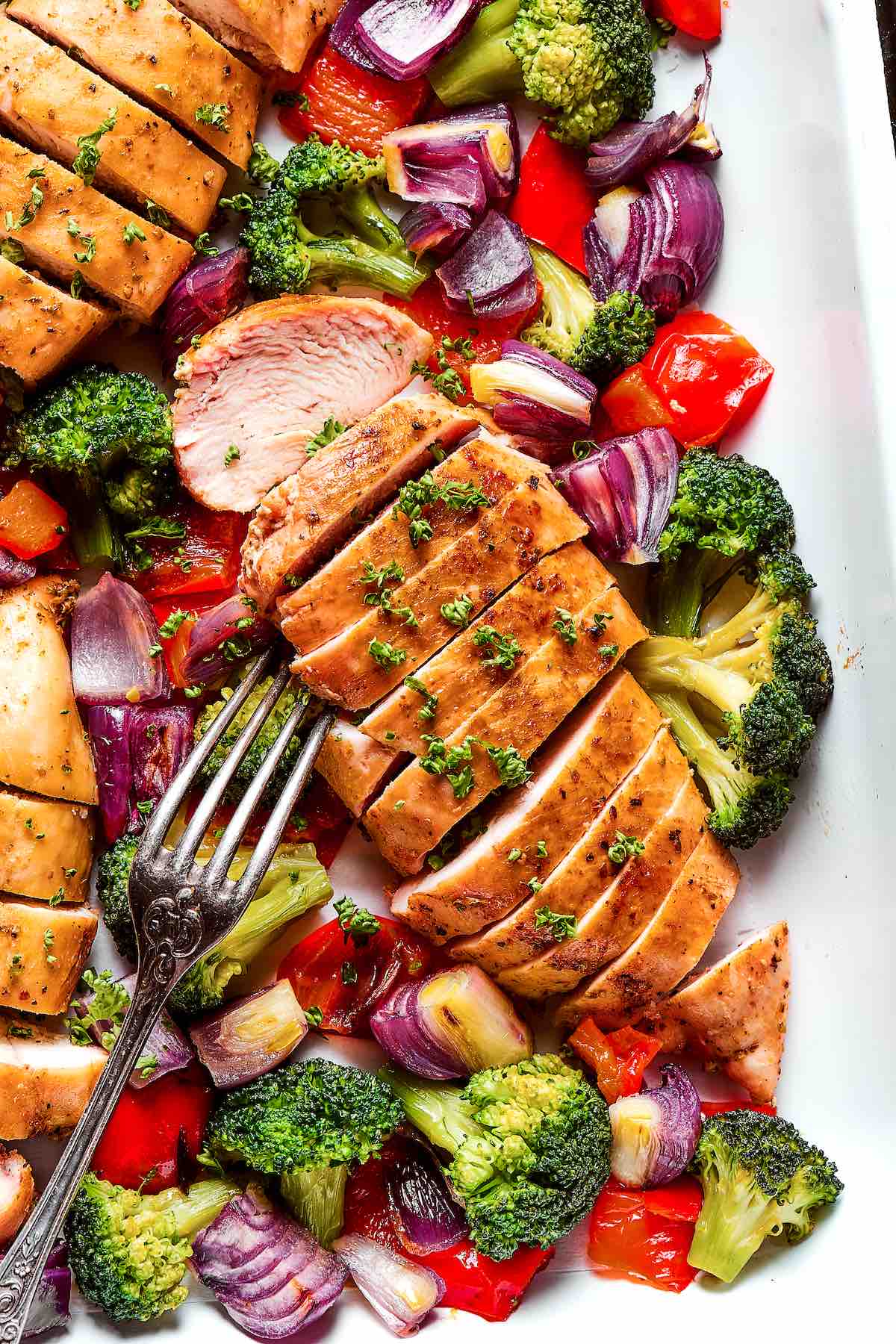 sheet pan chicken breast and vegetables.