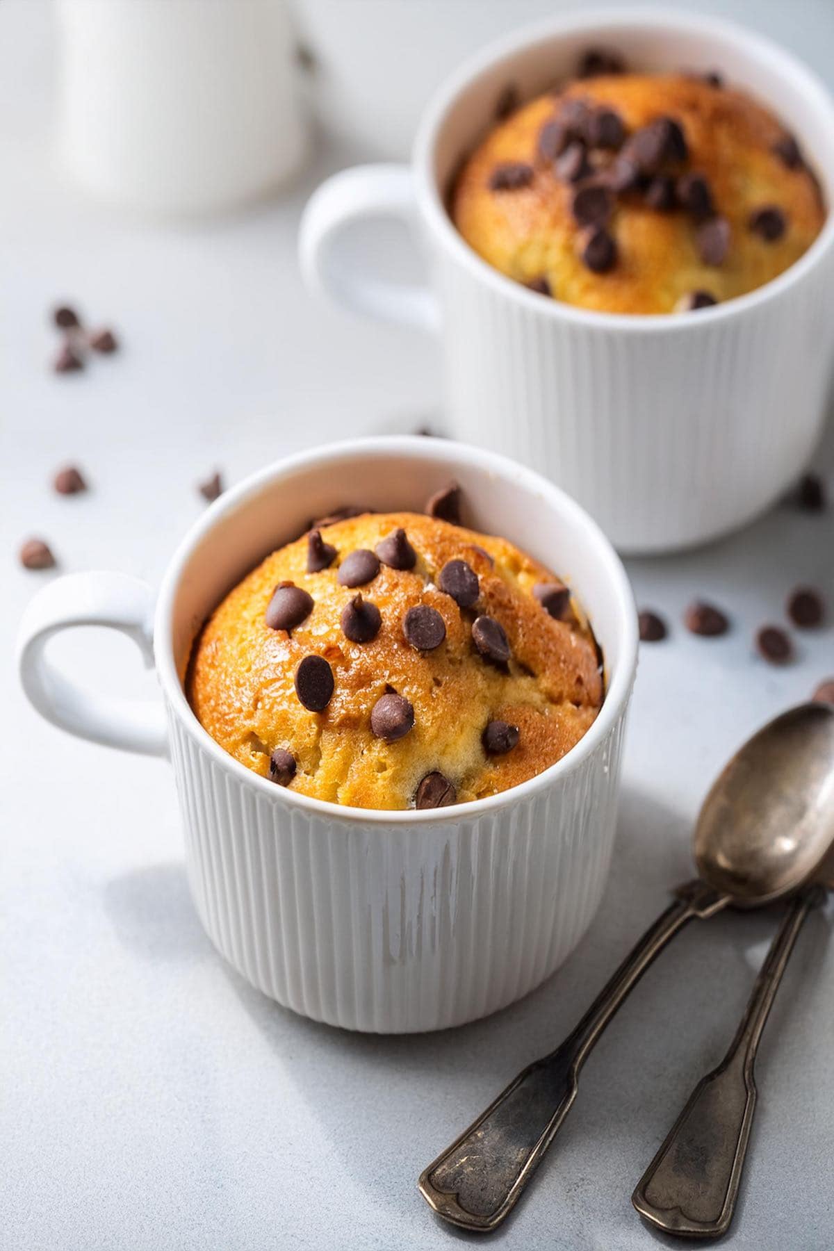 banana bread mug cake with chocolate chips.