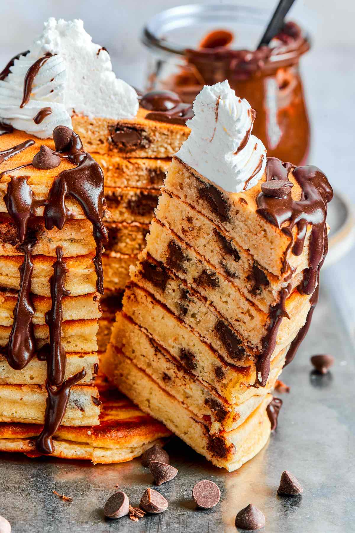 stack of chocolate chip pancakes.